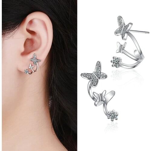 New Fashion Asymmetrical Cute Butterfly Stud Earrings For Women Crystal Zirconia Exquisite Versatile Female Cuff Earring Jewelry
