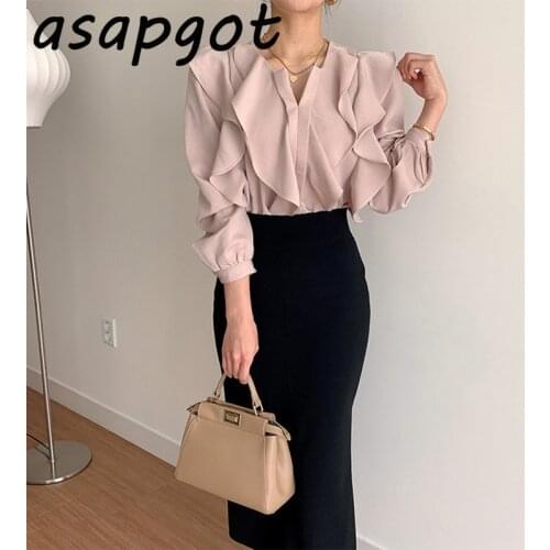 Korean Chic V Neck Chiffon Ruffles Blouse Puff Sleeve Shirts Slim Solid Wrap Hip High Waist Skirts Long Temperament Fashion
