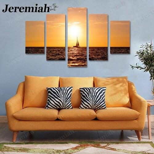 Modern Sailing Sunset Landscape Canvas Poster Orange Sunset Painting 5 Boards Nordic Home Room Decoration Accessories
