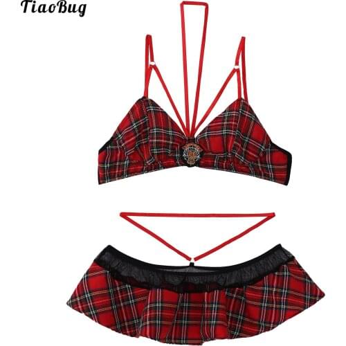 TiaoBug Plus Size XL-5XL 2Pcs Women Sexy Lingerie Suit School Uniform Style Cosplay Costume Halter Plaid Print Bras With Skirt