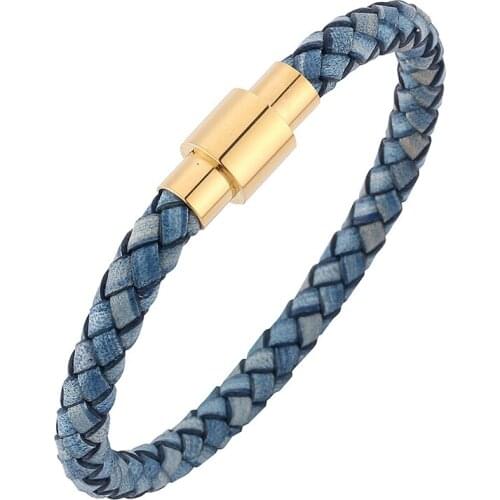 Vintage Bracelet Woman Men Jewelry Blue Braided Leather Handmade Bracelets Bangles Magnetic Clasp Steel Wristband Male SP0251L