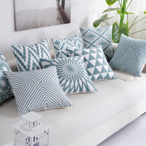 High Quality Blue Art Hand embroidery Geometric Cushion Cover Cotton Decorative Throw Pillow Cover Printing Bedding Home Decor