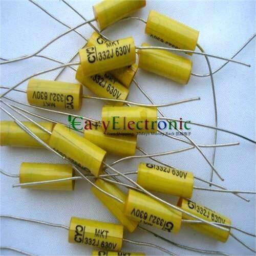 Wholesale and retail long leads yellow Axial Polyester Film Capacitors electronics 0.0033uF 630V fr tube amp audio free shipping