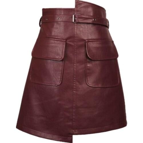 Plus size 3XL!Winter Women PU Leather Irregular Skirt With Belt High Waist Slim Faux Leather Skirts