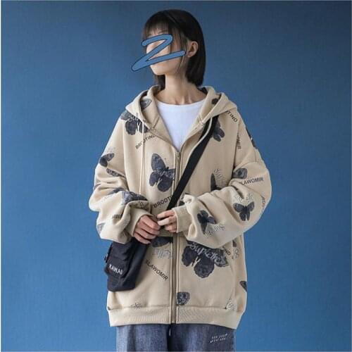 Womens Oversized Zip Up Hoodie Butterfly Print Long Sleeve Loose Hooded Sweatshirts Autumn Ladies Casual Hoodie Jacket Top