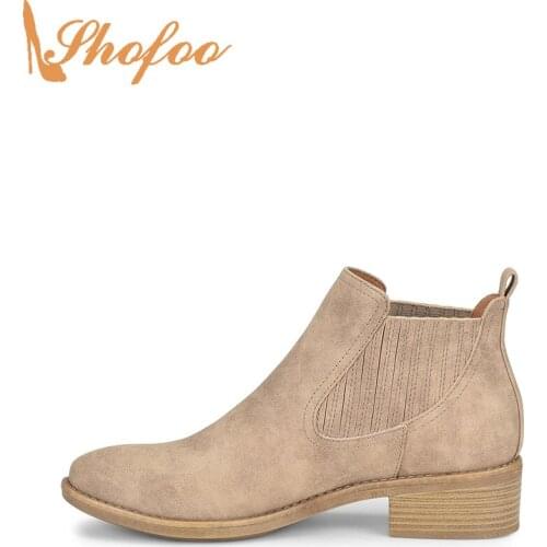 Taupe Ankle Boots Med Chunky Heels Almond Toe Woman Chelsea Booties Large Size 13 16 Ladies Fashion Elastic Sexy Shoes Shofoo