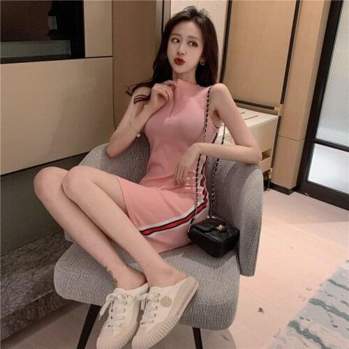 2020 summer new national style Joker stripe sleeveless zipper slim sexy knit dress hip bottom skirt women