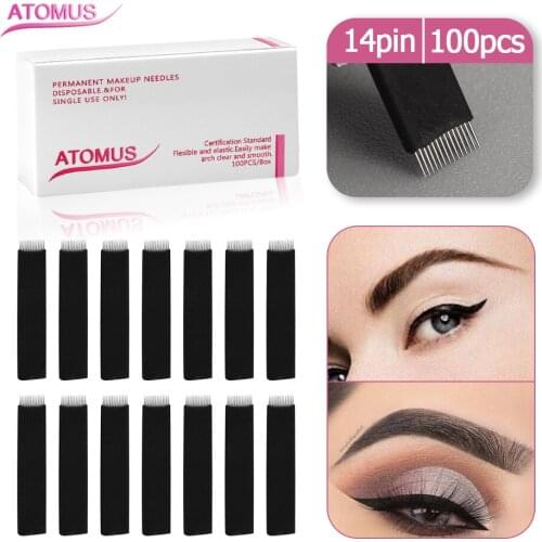 100pcs 14Pin Flat Tattoo Needles Agulhas Tebori Blades For Permanent Make Up Manual Eyebrow Pen Lamina Blade Agulhas