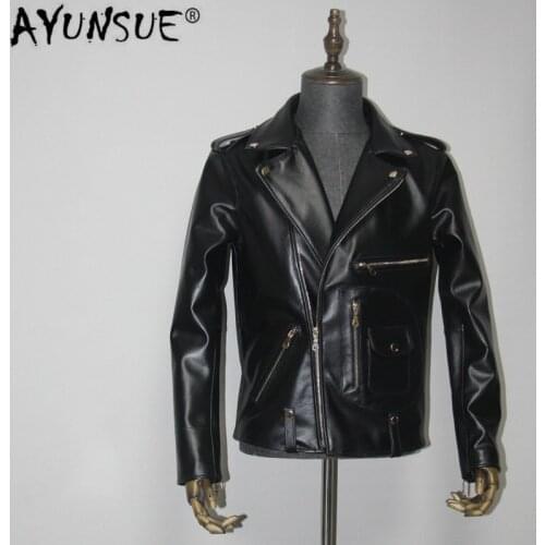 AYUNSUE Real Horsehide Leather Jacket Men Short Genuine Leather Coat Man Vintage Biker Motorcycle Jacket Plus Size J24 KJ4716