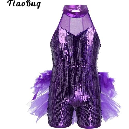 TiaoBug Kids Girls Sleeveless Mock Neck Sequins Jazz Latin Ballet Dance Costume Leotard Jumpsuit