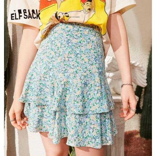ELFSACK Floral Print High Waist Casual Women Mini Ruffle Skirts,2021 Summer Vintage,Ladies Daily Holiday Multi-Layered Bottom