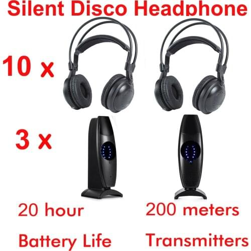 Factory Supply 200m Classical RF Silent disco Wireless headphones 10pcs and 3 transmitters- for silent party meeting DJ