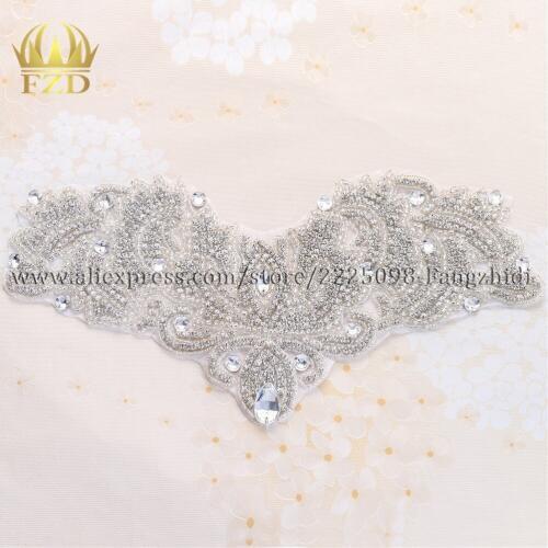 FANGZHIDI 1 Piece Handmade Hot Fix crystal glass silver rhinestone applique Bridal Dress Applique for Wedding Dress sash