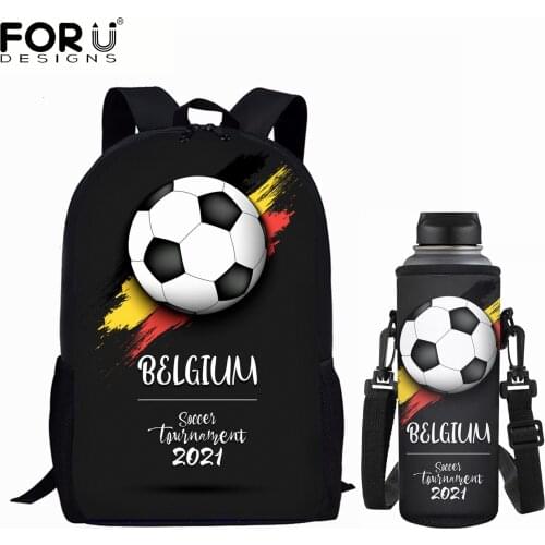 FORUDESIGNS Belgium Football Match Pattern School Bags for Girls Large Capacity Student School Bags 2Pcs Set Water Bottle Covers