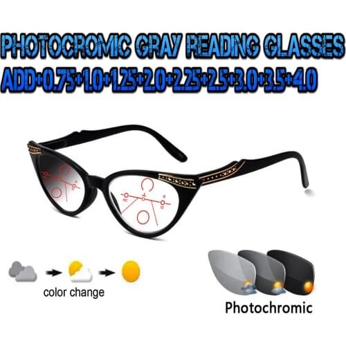 Photochromic Gray Progressive Multifocal Reading Glasses Ultralight Cats Eyes Fashion for Ladies Women+0.75 To +4.0