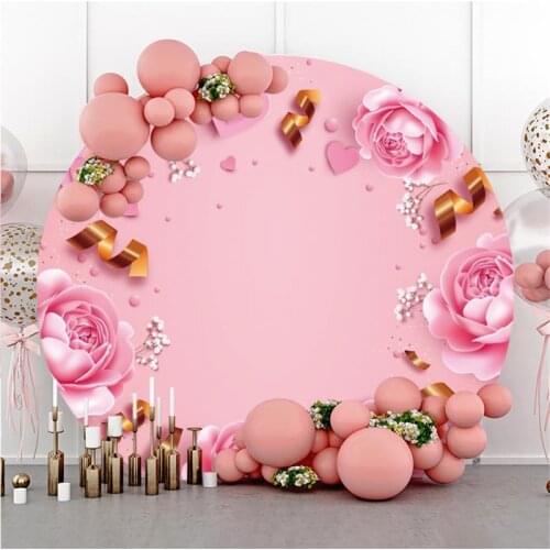 Laeacco Pink Rose Flower Love Birthday Party Valentines Day Decor Round Backdrop Photographic Photo Background For Photo Studi