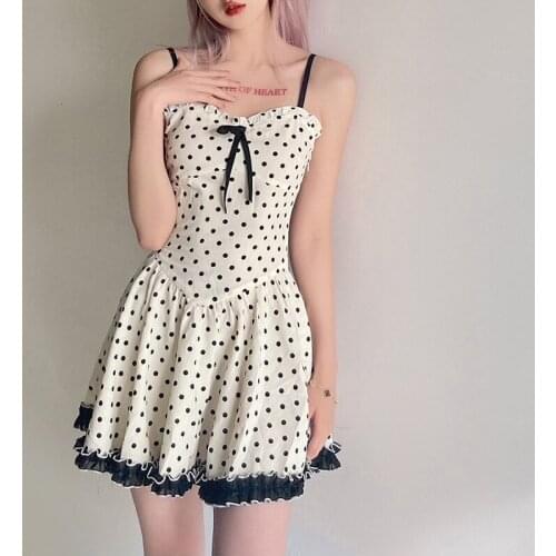 Summer Japanese Harajuku Wave Point Bow Sexy Sling Dress Hot Girl Fashion Temperament Slim Kawaii Sweet Dress New