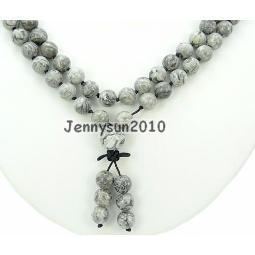 Natural Landscape 8mm Gems Stone Buddhist 108 Beads Prayer Mala Knot Necklace Multi-Purpose 5Strands/Pack