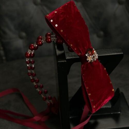 Vintage Velour Bow Pearl Hairbands For WOmen WIne Red Rhinestone Hairband High End Rhinestone Hedband Wedding Hair Accessories