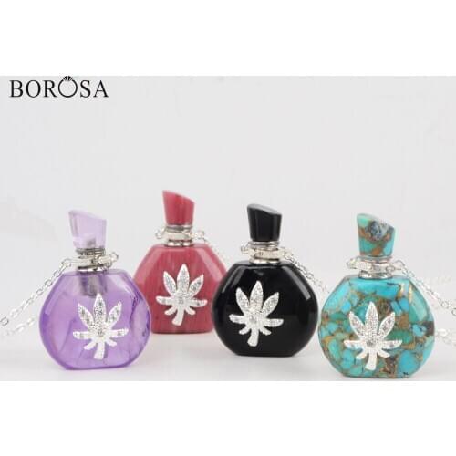 Silver Plated Micro Pave Gems Stones Perfume Bottle Necklaces with CZ Leaf Natural Turquoises Essential Oil Pendant Charm S1976