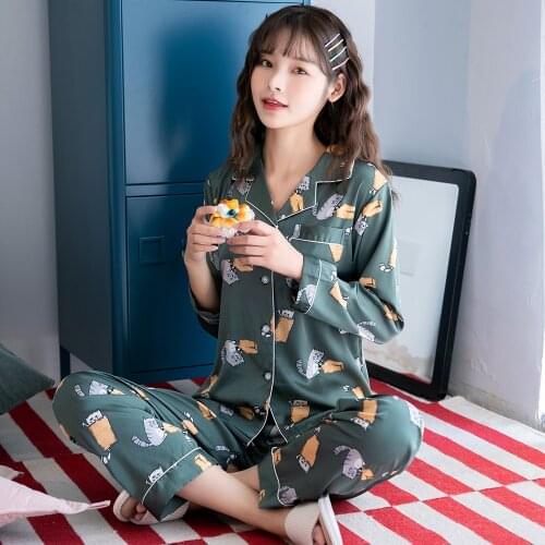 Spring And Summer LadyWomen South Korea Loose Long Sleeve Suit Pajamas Lapel Cardigan Print Sleepwear