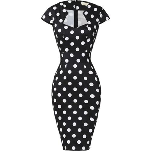Customize Womens 50s Dress Polka Dot Printed Cap-Sleeves Vintage Pencil Dress