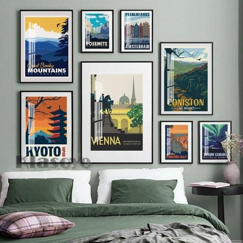 Travel City Landscape Illustration Poster Giza Yukon Canada Vienna Coniston Kyoto Art Prints Home Decor Canvas Wall Stickers
