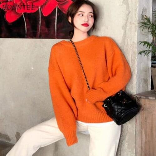 Pullovers Women Solid Orange Basic Long Sleeve Vintage Korean Style Harajuku Loose Casual Streetwear Warm High Quality Fashion