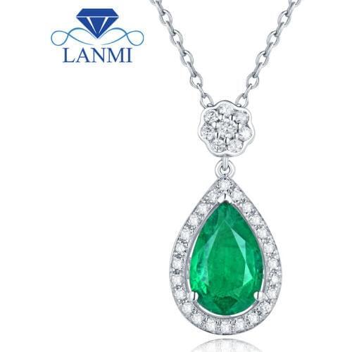 LANMI Luxury Custom Fine Jewelry in Solid 18K/AU750 White Gold Pear Shape Natural Emerald Diamonds Promised Pendant Necklace