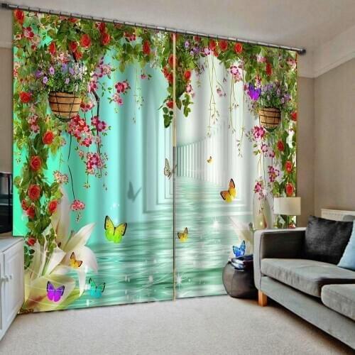 Flower vine butterfly 3D Curtain Luxury Blackout Window Curtain Living Room green landscape space curtains