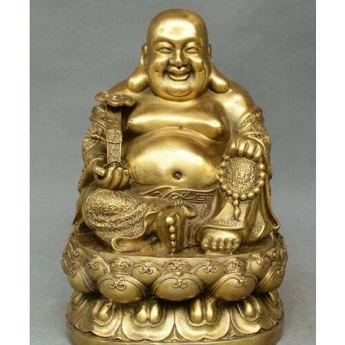 Collect Chinese old bronze Buddhism ruyi lotus Maitreya Buddha moneybag statue