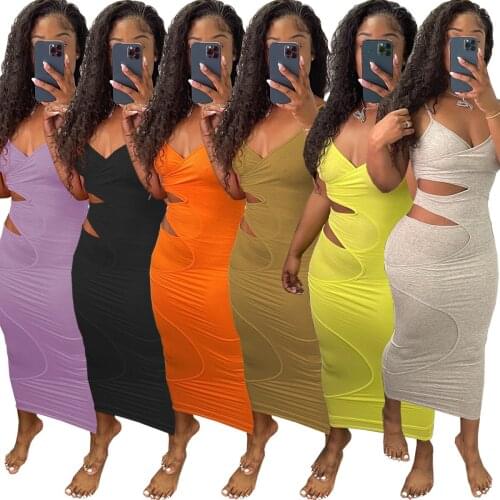 Somoshein S-XL Women 2021 Fashion Summer Sexy Dress Club Casual Hollow Solid Color Halter Long Dresses Wholesale Dropshopping