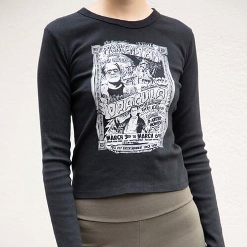 Vintage Gray Cotton Long Sleeve Tee Top Women Cute Cartoon Print Round Neck Slim T-Shirt Autumn Casual Streetwear T Shirt Tops
