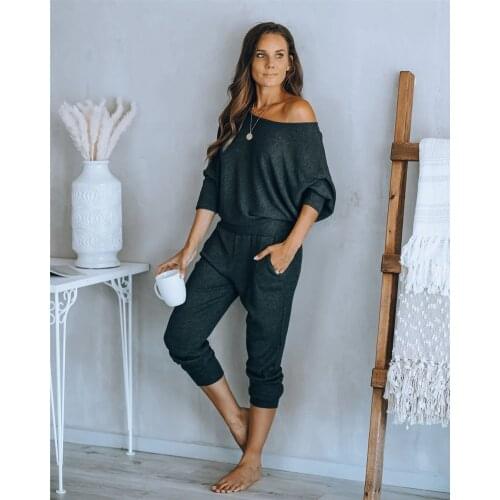 Solid Tracksuit Women Two Piece Set Spring Autumn Clothes Off Shoulder Pullover Top Pants Pajamas Suits Womens Sets Lounge Wear