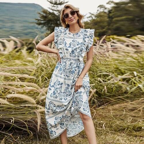 Sexy Backless Lace Up Vintage Printed Long Dress Women Summer New Ruffles Patchwork Casual Loose Boho Holiday Robe Maxi Vestidos