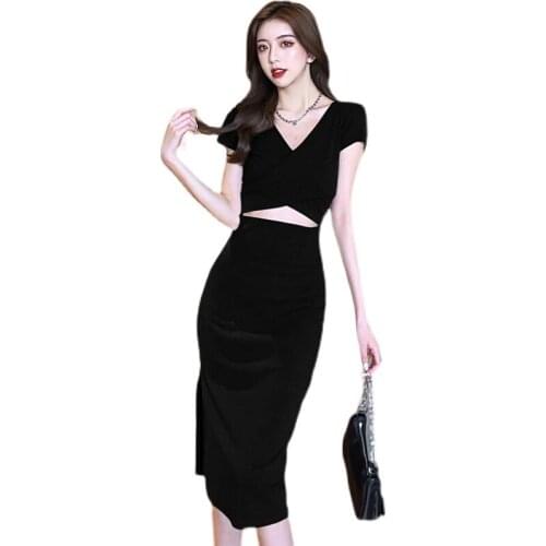 New Summer 2021 Short Sleeve Package Buttocks Split Slim Temperament Women Sexy Backless Dress