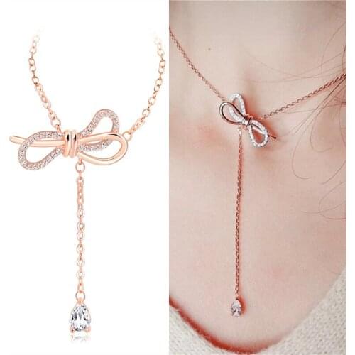 Korean Fashion Water Drop Necklaces & Pendants Rose Gold Color Bowknot Short Necklace Statement Choker Necklace Women Bijoux