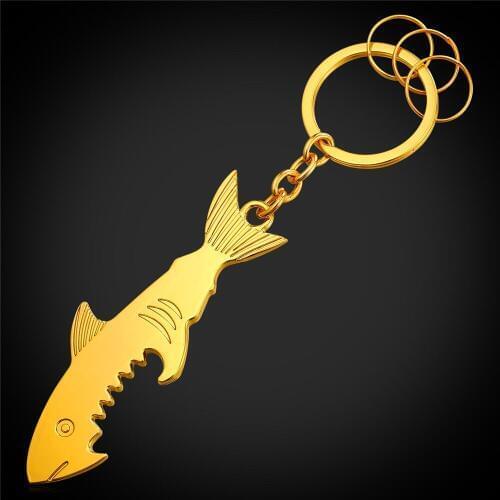 Gold Color Shark Key chain Beer Bottle Opener Multi-functional Key Rrings with 3 circle for men key holder Wholesale K10YK10Y