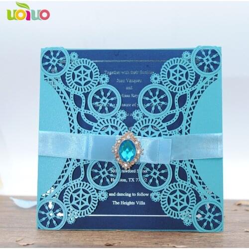 DIY 25set customize inc265 sky blue laser cut wedding invitation card+ tied bow + brooch rhinestone+printing card+envelope seal
