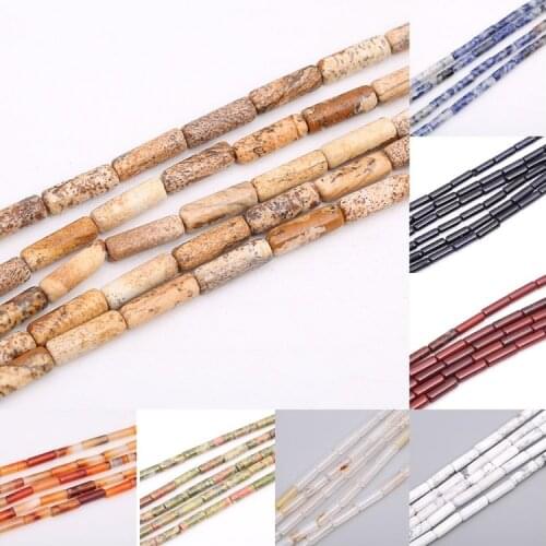 4*13mm Natural Stone Colorful Agate Turquoise Sandstone Long Cylindrical Loose Bead for Jewelry Making DIY Bracelet Necklace 15"