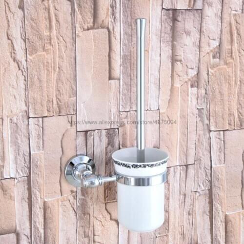Bathroom Accessories Wall Mounted Polished Chrome Bathroom Toilet Brush Holder Toilet Cleaning With Ceramic Cup Nba794