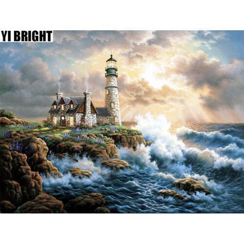 Full Square/Round Drill 5D DIY Diamond Painting"Light House & Storm Wave"Embroidery Cross Stitch Mosaic Rhinestone Home Decor GT