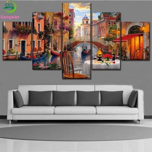 Diamond Embroidery Venice water city restaurant view Full Square round Diamond Mosaic Art Painting Cross Stitch Wall Decor5 pcs