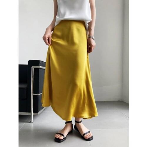 Satin Skirt Women Summer High Waist Drop A-line Skirt Light Mature Luster Medium Length Skirt Faldas Jupe Femme Saia