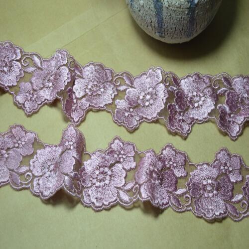 2Y 6cm pink shiny silk flower Embroidery lace trim for garments and wedding decoration 17010701