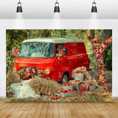 Laeacco Autumn Harvest Apples Red Car Wreath Village Hay Photography Backgrounds Custom Photographic Backdrops For Photo Studio