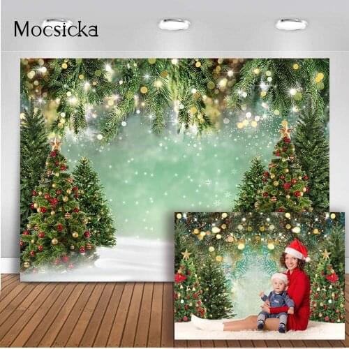 Christmas Tree Snow Backdrop for Photography Winter Snow Scene Bokeh Glitter Dot Background for Photo Studio Children Portrait