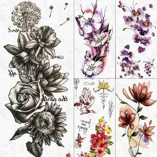 Flower Rose Fake Waterproof Dandelion Girls Temporary Tattoos For Women Sticker 3D Flora Body Art Arm Tattoo Paper Tatoos Sexy