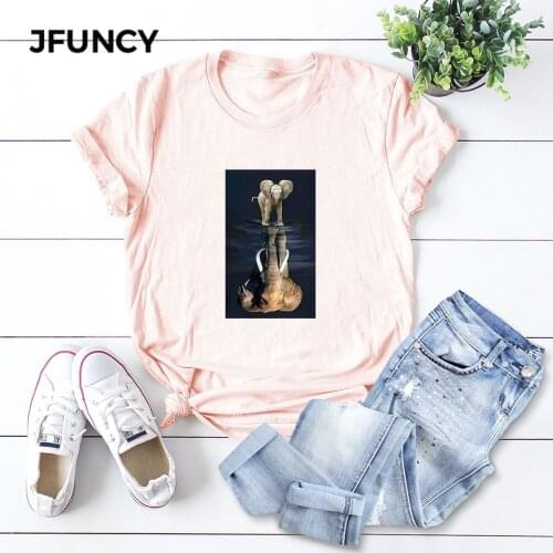 JFUNCY Plus Size Women Tops Oversize Short Sleeve Lady Tshirt Elephant Print Casual Woman Cotton T-shirt Summer Female Tee Shirt