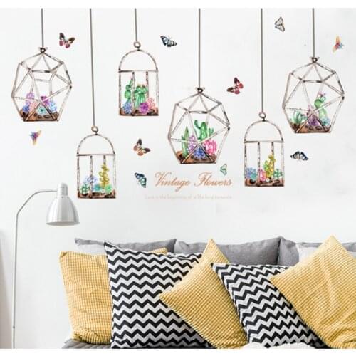 Colorful cactus flowers hanging on glass bottle Wall stickers butterflies stickers for living room bedroom art mural decals